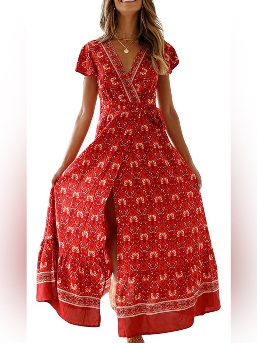 Red Floral V-Neck Wrap Dress
